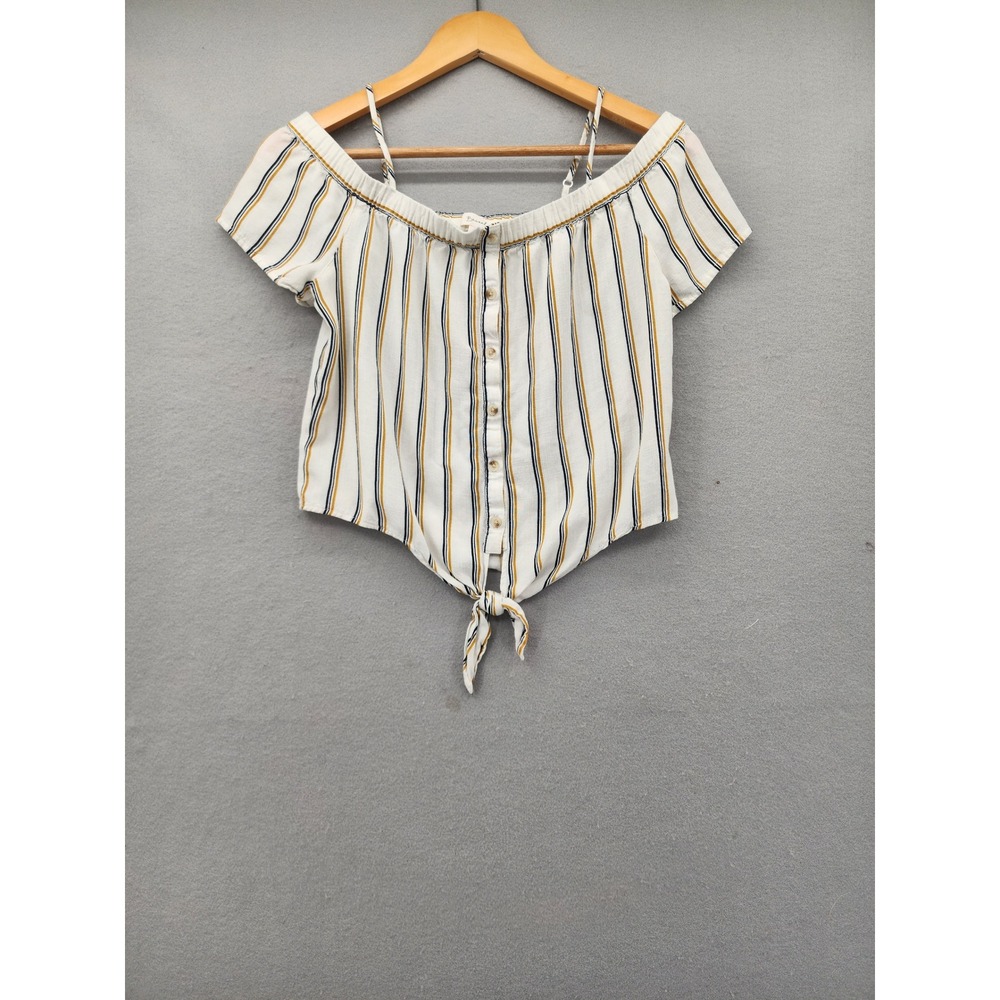 Becool Striped Off The Shoulder Tie Front Crop Top Small White Navy Yellow Rayon